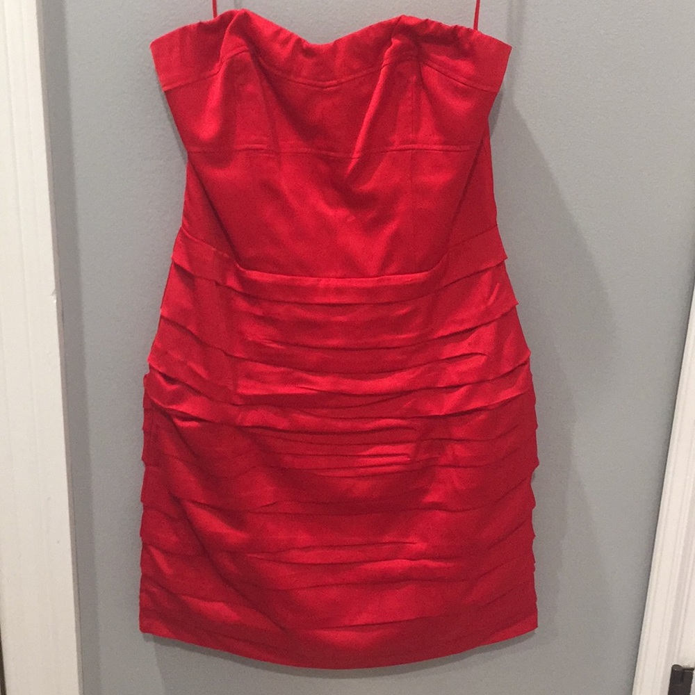 Express Red Shiny Ruched Strapless Dress